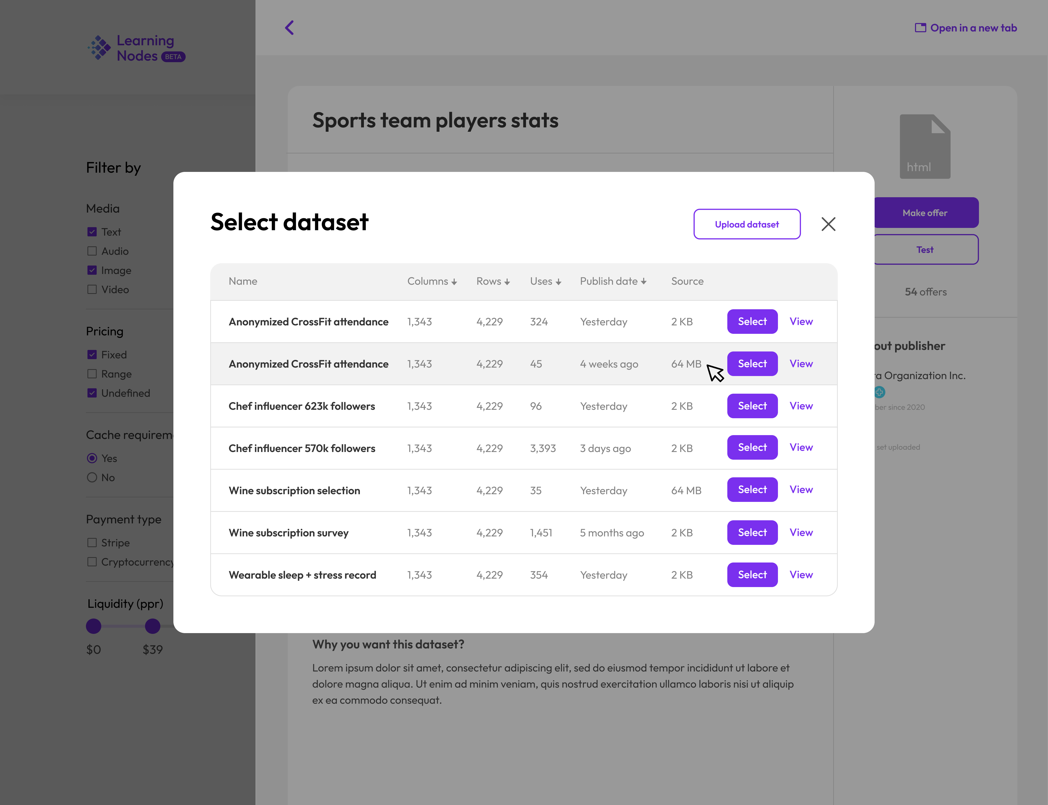 Upload/Link to your dataset as a bid